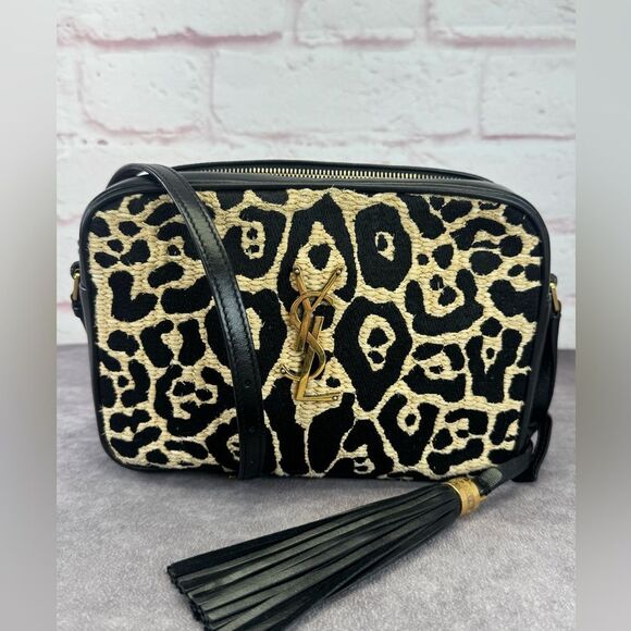 Yves Saint Laurent Handbags - Saint Laurent YSL Raffia Calfskin Leopard Print Monogram Lou Camera Bag Natural